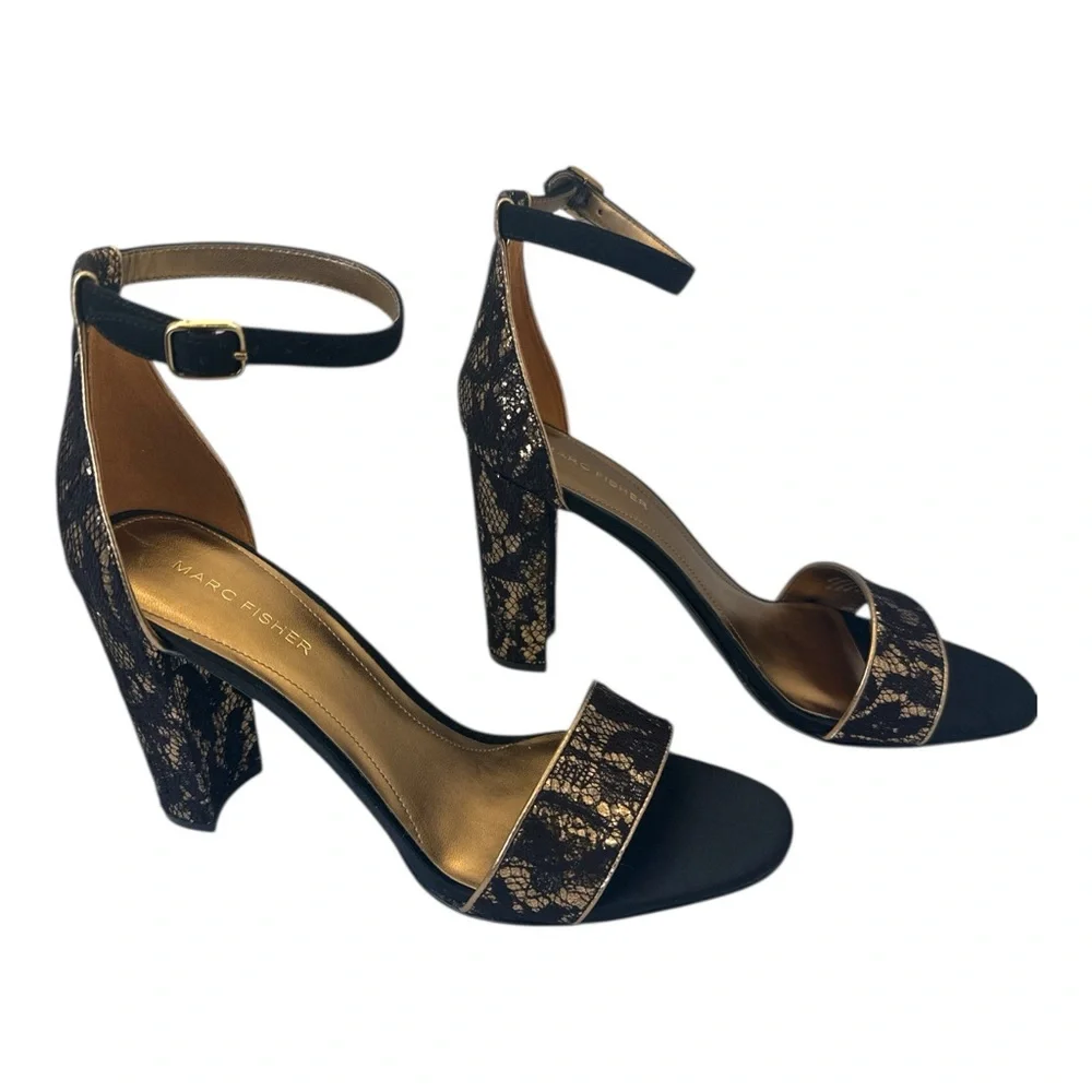 Marc Fisher Womens Black & Gold Lace Block Heel Ankle Strap Sandals Open Toe 10M